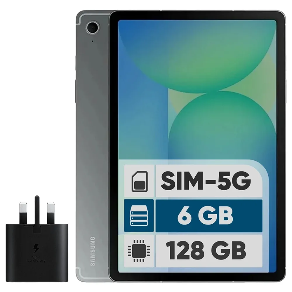 تبلت 10.9 اینچ سامسونگ مدل Galaxy Tab S10 Lite 5G با ظرفیت 128 گیگابایت و رم 6 گیگابایت، قابلیت پشتیبانی از سیم‌ کارت، رزولوشن دوربین اصلی ۸ مگاپیکسل، پشتیبانی از قلم، به همراه شارژر دیواری 25 وات سامسونگ مدل EP-TA800