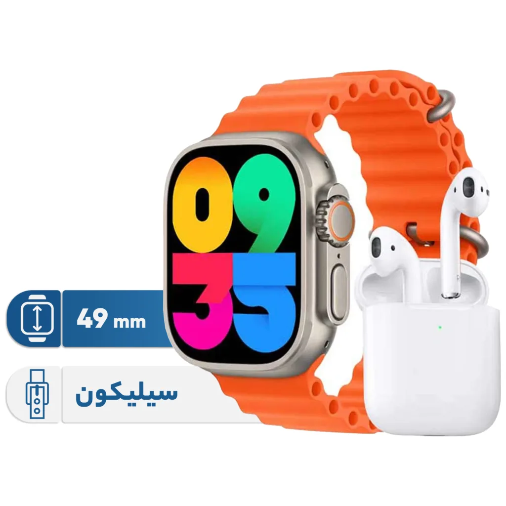 ساعت هوشمند ورنا مدل W49 Ultra with airpod دارای قابلیت های کنترل موسیقی (Music Player)، قابلیت مکالمه از طریق بلوتوث، پشتیبانی از زبان فارسی در منو و سیستم‌عامل بند سیلیکون