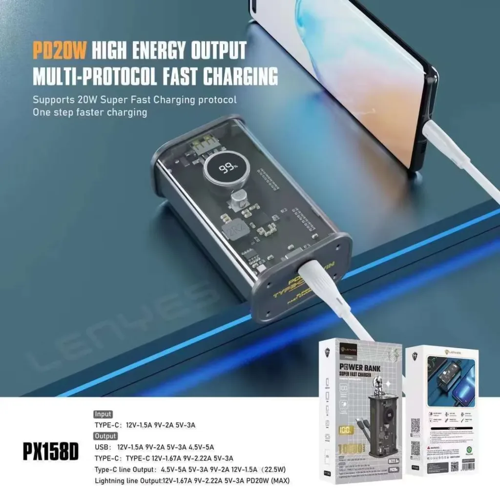 پاوربانک لنیز مدل PX158D ظرفیت 10000 میلی‌آمپر ساعت