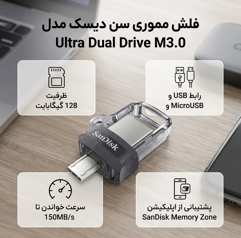 فلش مموری دوکاره سن دیسک مدل Ultra Dual Drive M3.0 ظرفیت 128 گیگابایت با رابط USB3.0 و MicroUSB، سرعت خواندن تا 150 مگابایت بر ثانیه و پشتیبانی از اپلیکیشن SanDisk Memory Zone