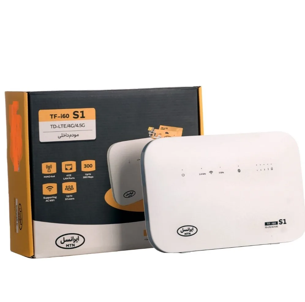 مودم 4G قابل حمل ایرانسل مدل TF-i60 S1 با پشتیبانی TD-LTE و 4.5G، حداکثر سرعت دانلود 300 مگابیت، اتصال هم‌زمان 32 کاربر، وای‌فای AC دو بانده 2.4 و 5 گیگاهرتز و 4 پورت LAN
