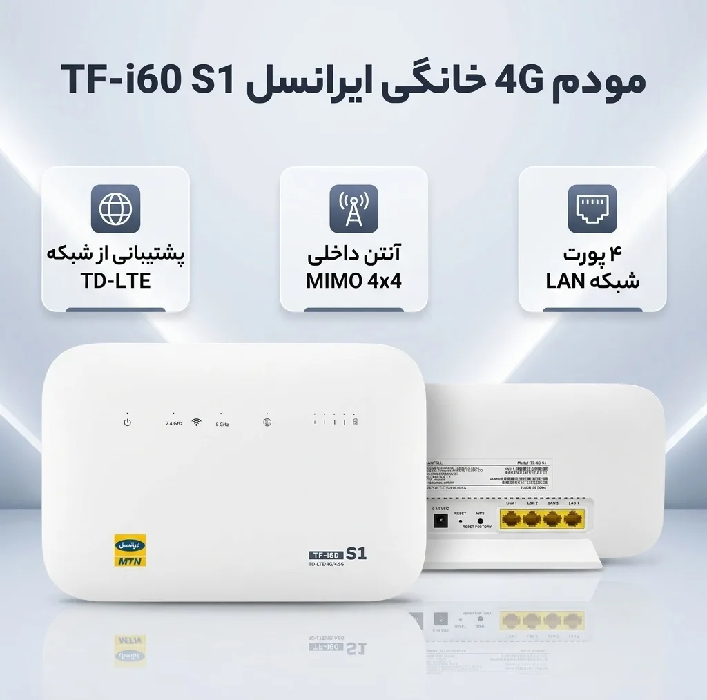 مودم 4G خانگی ایرانسل مدل TF-I60 S1 با آنتن داخلی MIMO 4x4، پشتیبانی از شبکه TD-LTE، اتصال بی‌سیم و باسیم، رابط RJ-45 LAN، همراه دو سیمکارت TD و FD و منبع تغذیه آداپتور برق 100 تا 240 ولت