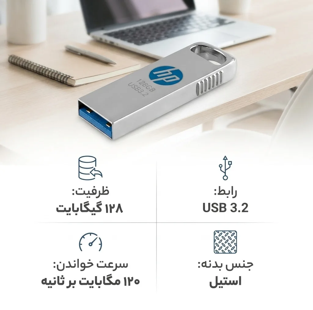 فلش مموری اچپی مدل USB 3.2 X306W ظرفیت 128 گیگابایت بدنه استیل سرعت خواندن 120 مگابایت بر ثانیه سازگار با Windows و Mac OS