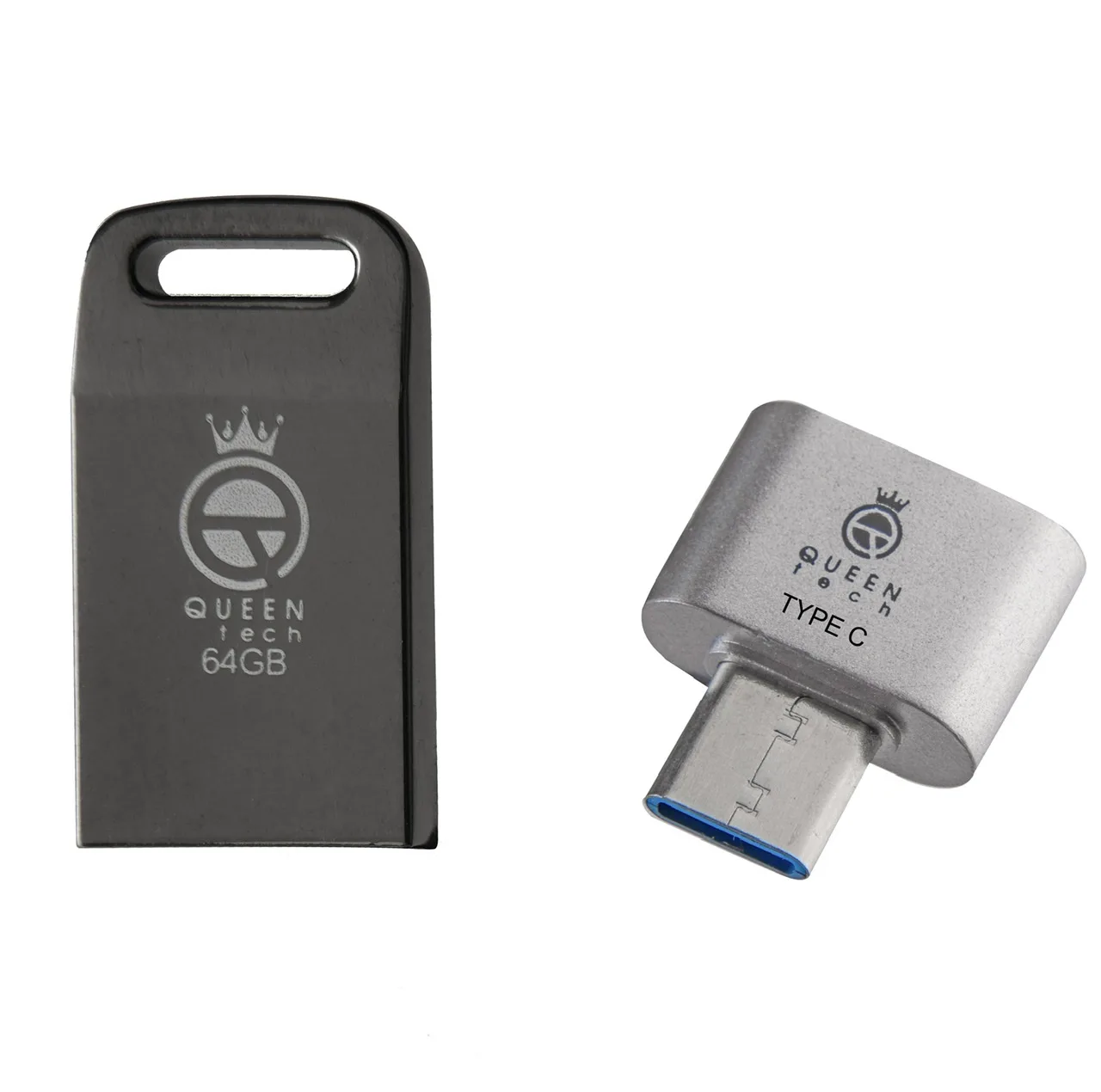 فلش مموری 64 گیگابایت کوئین تک مدل UNIQUE C-PLUS با بدنه فلزی و مبدل USB-C OTG