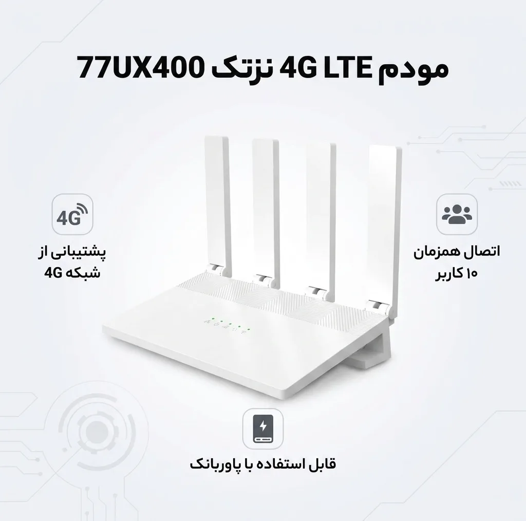 مودم روتر 4G نزتک مدل 77UX400 با اتصال سیم‌کارت، پشتیبانی از 10 کاربر، آنتن خارجی و درگاه‌های USB Type-C و RJ-45 LAN