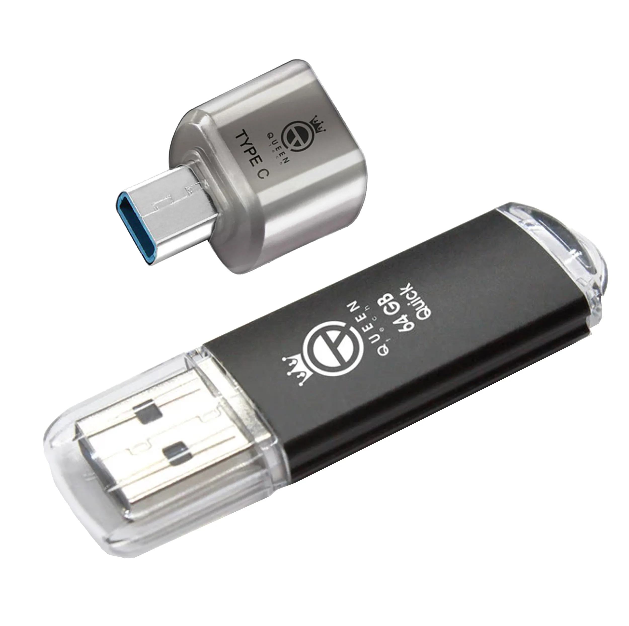 فلش مموری کوئین تک مدل QUICK C-PLUS ظرفیت 64 گیگابایت با رابط USB 2.0 و مبدل USB-C، سرعت انتقال 30 مگابایت بر ثانیه، طراحی درپوشدار، مناسب گوشی، تبلت، کامپیوتر و تلویزیون