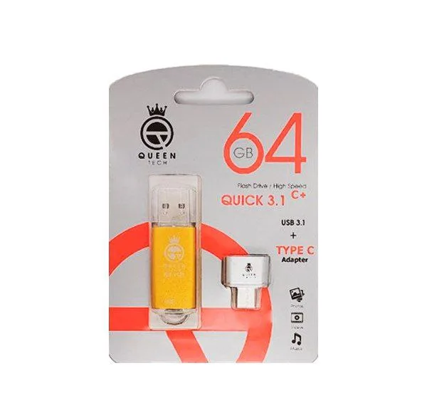 فلش مموری 64 گیگابایت کوئین تک مدل QUICK CPLUS با رابط USB 3.1 Gen1، بدنه فلزی درپوش‌دار، سرعت انتقال 15 مگابایت بر ثانیه و مبدل USB-C سازگار با موبایل، تبلت، کامپیوتر و تلویزیون