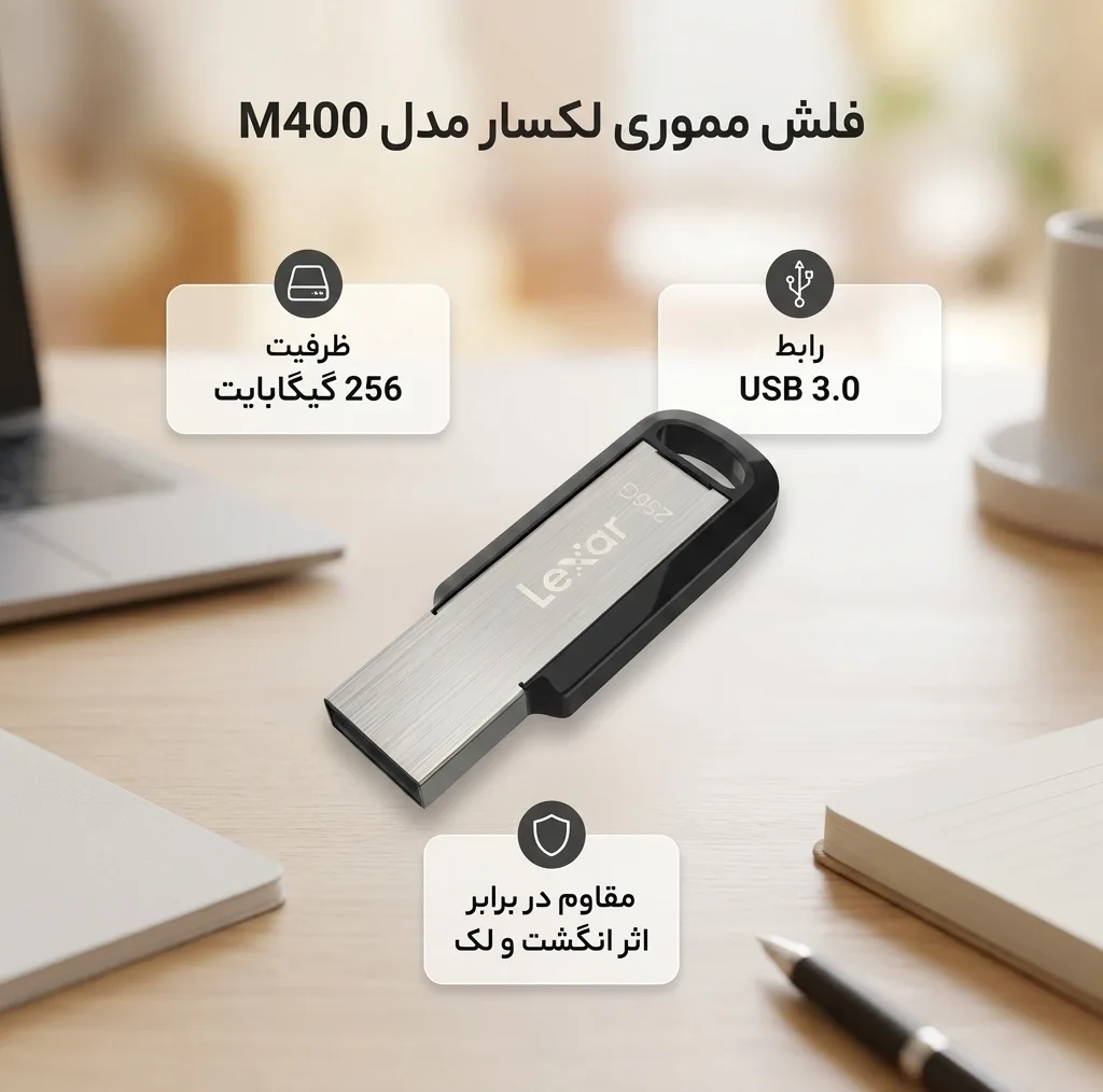 فلش مموری 256 گیگابایت لکسار مدل M400 با رابط USB 3.0، بدنه پلاستیک و آلومینیوم مقاوم در برابر اثر انگشت و لک