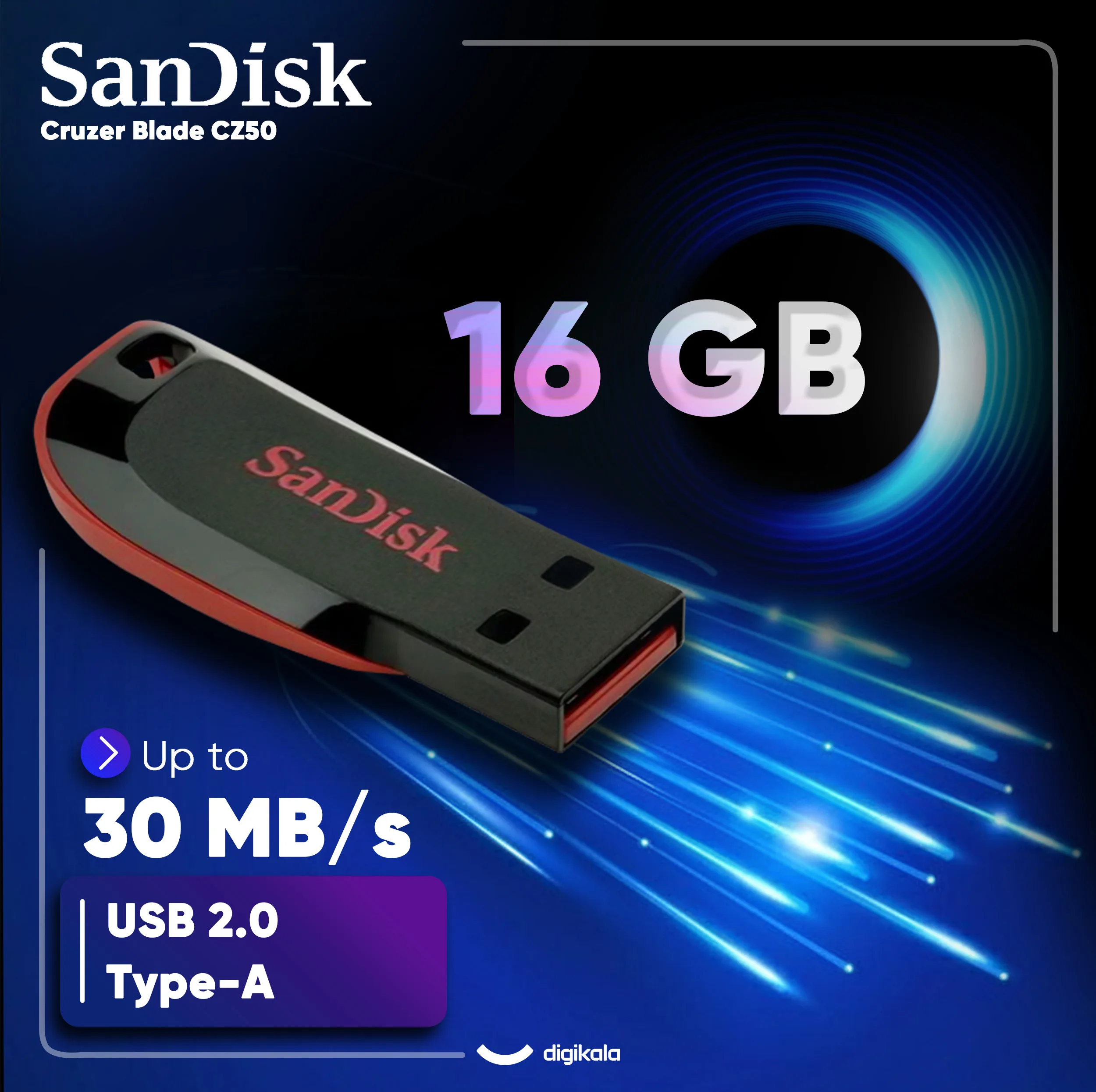 فلش مموری 16 گیگابایت سن دیسک مدل Cruzer Blade CZ50 با رابط USB 2.0 Type-A، طراحی بدون درپوش و قابلیت رمزگذاری اطلاعات