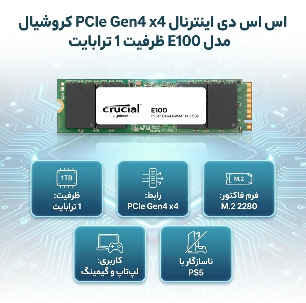 اس اس دی اینترنال PCIe Gen4 x4 کروشیال مدل E100 ظرفیت 1 ترابایت