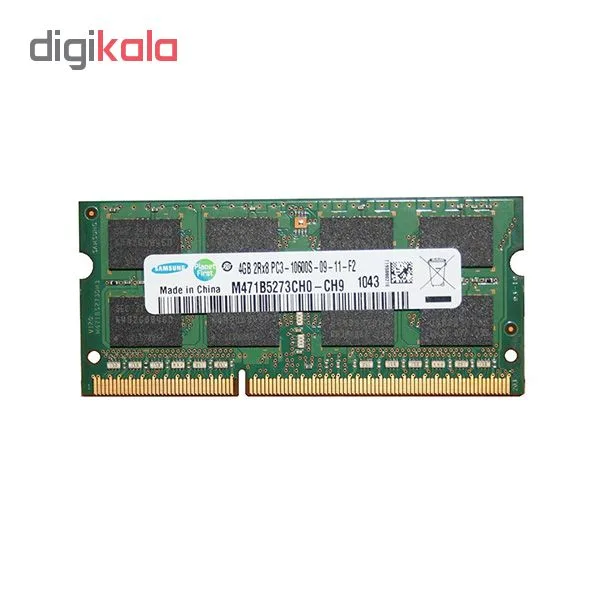 رم لپ‌تاپ DDR3 تک کاناله 4 گیگابایت سامسونگ مدل M471B5273CH0-CH9 فرکانس 1333 مگاهرتز، تایمینگ CL9، ولتاژ کاری 1.5 و 1.35 ولت، نوع SO-DIMM با 204 پین