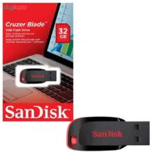 فلش مموری سن دیسک مدل Cruzer Blade CZ50 ظرفیت 32 گیگابایت با رابط USB 2.0، سرعت انتقال 480 مگابیت بر ثانیه، قابلیت رمزگذاری اطلاعات و بدنه مقاوم در برابر لک و اثر انگشت
