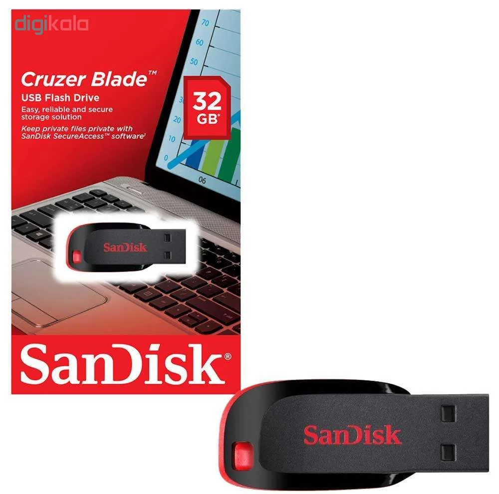 فلش مموری سن دیسک مدل Cruzer Blade CZ50 ظرفیت 32 گیگابایت با رابط USB 2.0، سرعت انتقال 480 مگابیت بر ثانیه، قابلیت رمزگذاری اطلاعات و بدنه مقاوم در برابر لک و اثر انگشت