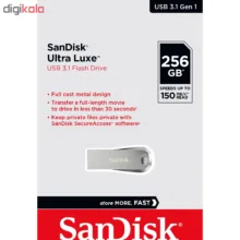 فلش مموری سن دیسک مدل Ultra Luxe ظرفیت 256 گیگابایت، رابط USB 3.1، سرعت خواندن 150 مگابایت بر ثانیه، بدنه فلزی مقاوم، پشتیبانی از نرم‌افزار کدگذاری اطلاعات
