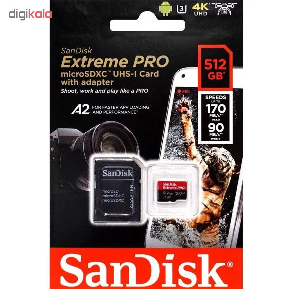 کارت حافظه microSDXC سن دیسک مدل Extreme PRO کلاس A2 استاندارد UHS-I U3 سرعت 170MBs ظرفیت 512 گیگابایت به همراه آداپتور SD