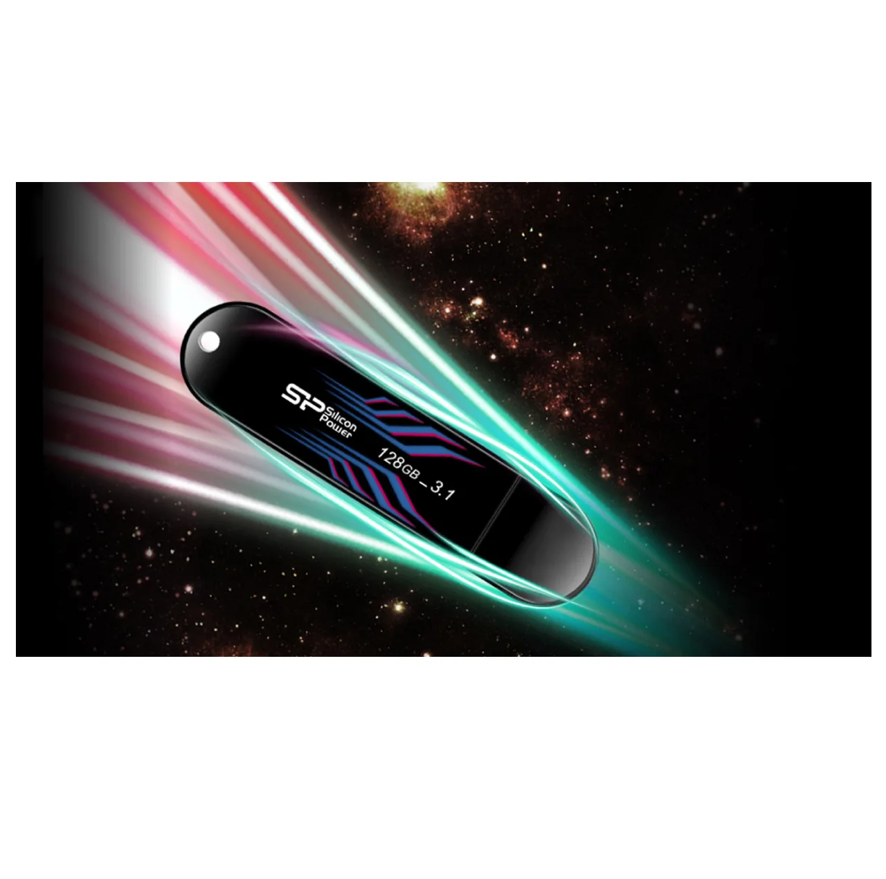 فلش مموری 128 گیگابایت سیلیکون پاور مدل Blaze B10 با رابط USB سهنقطهیک، سازگار با USB یکنقطهیک، USB دونقطهصفر و USB سهنقطهصفر، دارای نشانگر LED و خطوط بدنه تغییررنگدهنده در دمای بالاتر از 31 درجه سانتیگراد