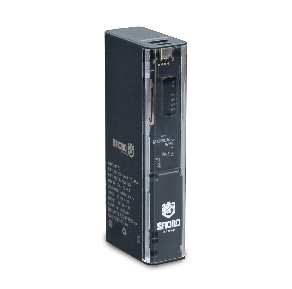 مودم 4G LTE قابل حمل اسفیورد مدل M770 با باتری 8000mAh، پشتیبانی از 10 دستگاه همزمان، سرعت دانلود تا 50Mbps، فایروال داخلی و اتصال وایفای 802.11b/g/n