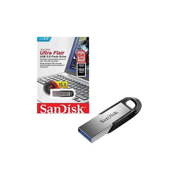 فلش مموری 64 گیگابایت سن دیسک مدل Ultra Flair SDCZ73 با رابط USB سه و بدنه فلزی مقاوم در برابر خش، گرد و غبار، شوک و لرزش