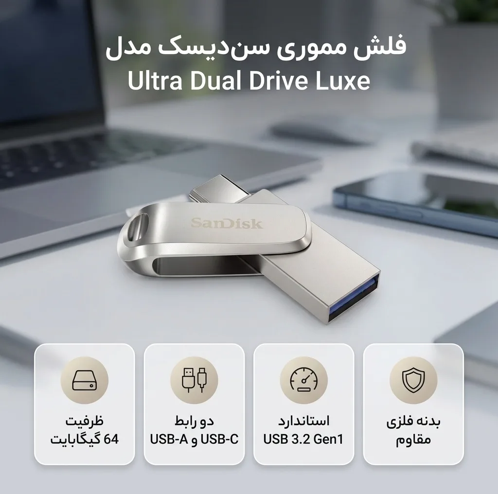 فلش مموری 64 گیگابایت سن دیسک مدل Ultra Dual Drive Luxe با 2 رابط USB Type-A و USB Type-C، استاندارد USB سهنقطهدو نسل 1، طراحی چرخشی و بدنه فلزی