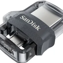 فلش‌مموری سن دیسک مدل Ultra Dual Drive M3.0 ظرفیت 256 گیگابایت با رابط USB3.0 و microUSB، سرعت خواندن تا 150 مگابایت بر ثانیه، طراحی کشویی و پشتیبانی از اپلیکیشن SanDisk Memory Zone