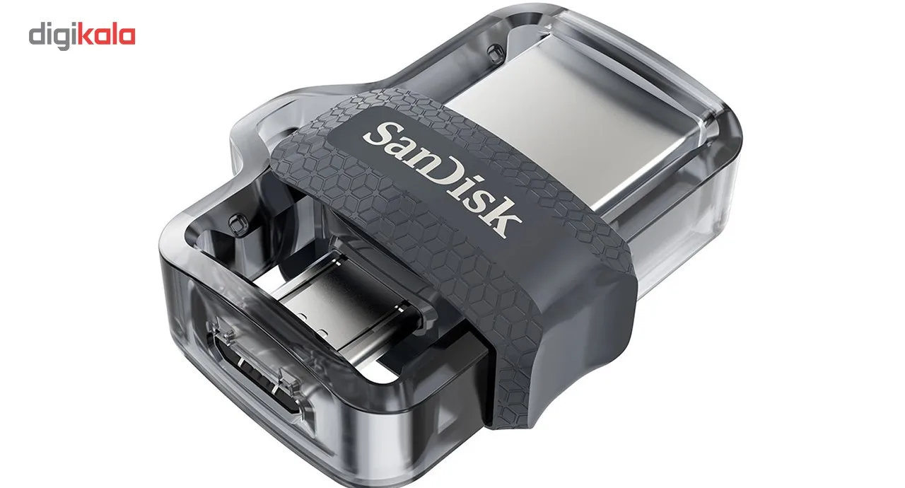 فلش‌مموری سن دیسک مدل Ultra Dual Drive M3.0 ظرفیت 256 گیگابایت با رابط USB3.0 و microUSB، سرعت خواندن تا 150 مگابایت بر ثانیه، طراحی کشویی و پشتیبانی از اپلیکیشن SanDisk Memory Zone