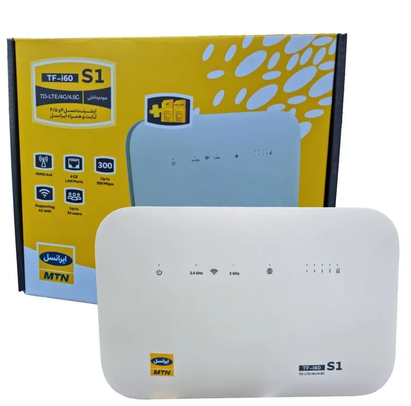 مودم 4G/TD-LTE خانگی ایرانسل مدل TF-i60 S1 با پشتیبانی همزمان 32 کاربر، 4 شبکه بیسیم مستقل، 4 پورت LAN، آنتن 5dBi و سیمکارت 300 گیگابایت اینترنت 6 ماهه