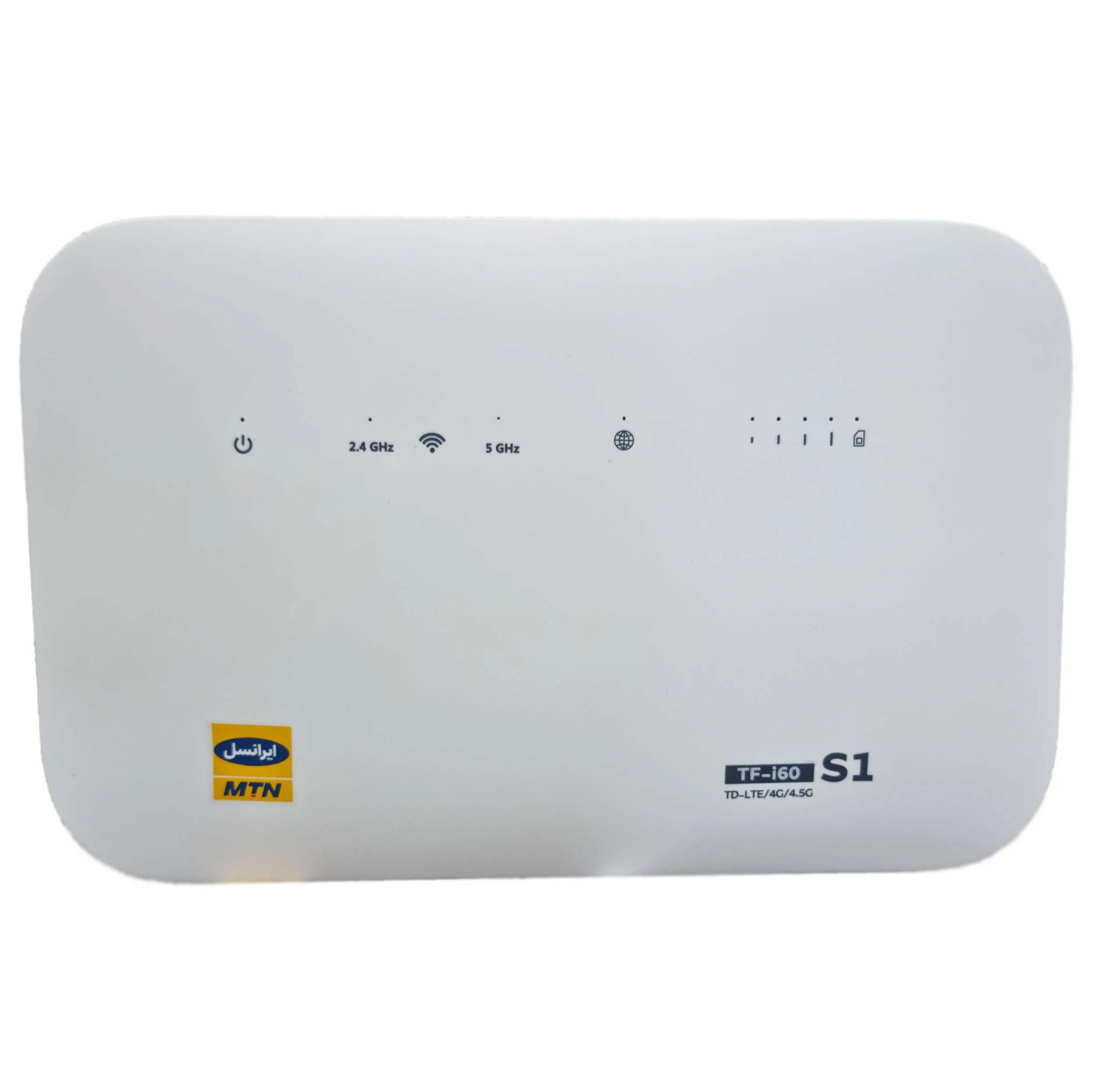 مودم 4G خانگی ایرانسل مدل TF-I60 S1 با آنتن داخلی MIMO 4x4، پشتیبانی از شبکه TD-LTE، اتصال بی‌سیم و باسیم، رابط RJ-45 LAN، همراه دو سیمکارت TD و FD و منبع تغذیه آداپتور برق 100 تا 240 ولت