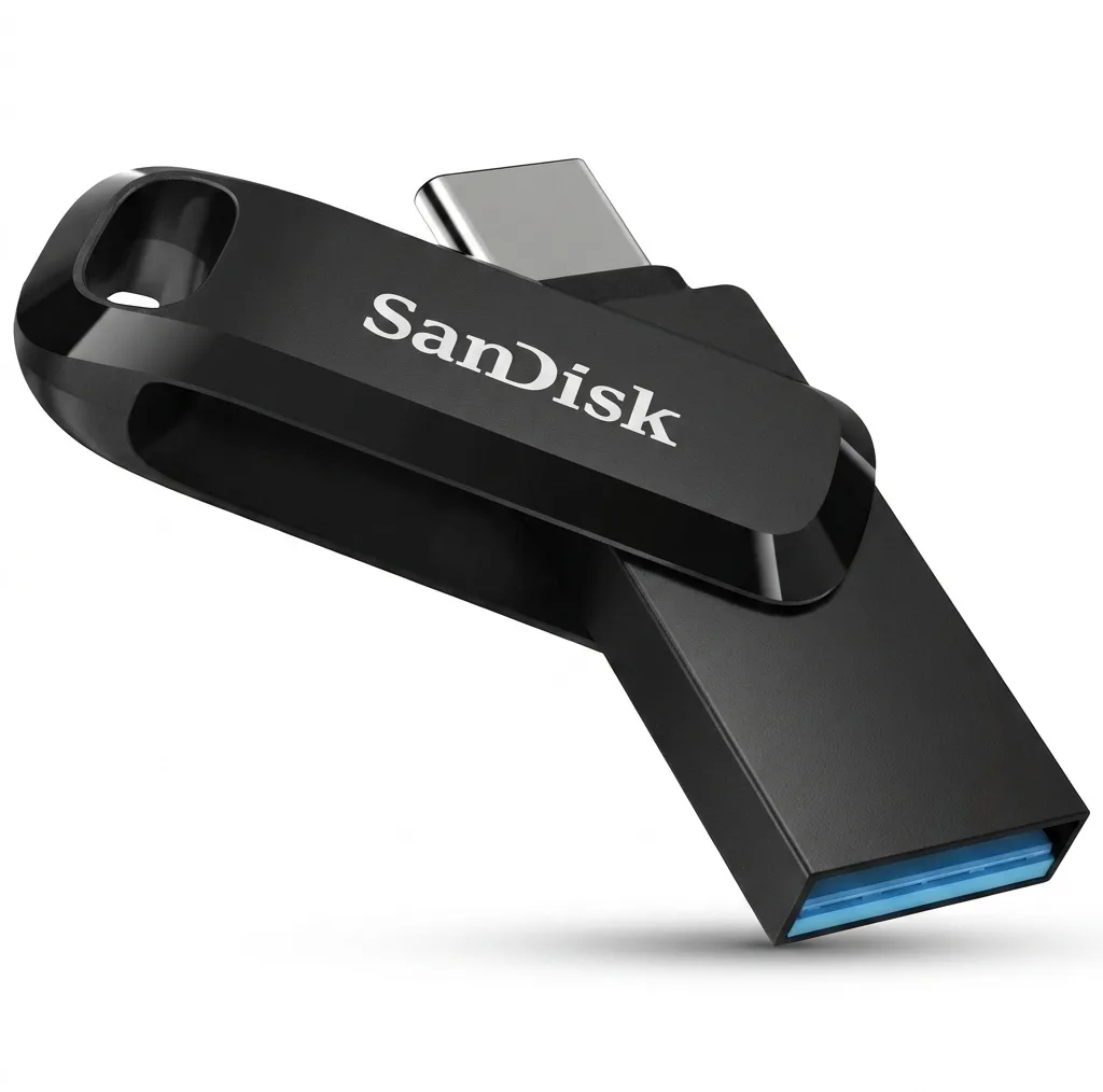 فلش مموری سن دیسک مدل Ultra Dual Drive Go ظرفیت 32 گیگابایت با دو رابط USB 3.2 و USB-C، سرعت خواندن 150 مگابایت بر ثانیه، بدنه فلزی، سازگار با گوشی، تبلت، کامپیوتر و مک