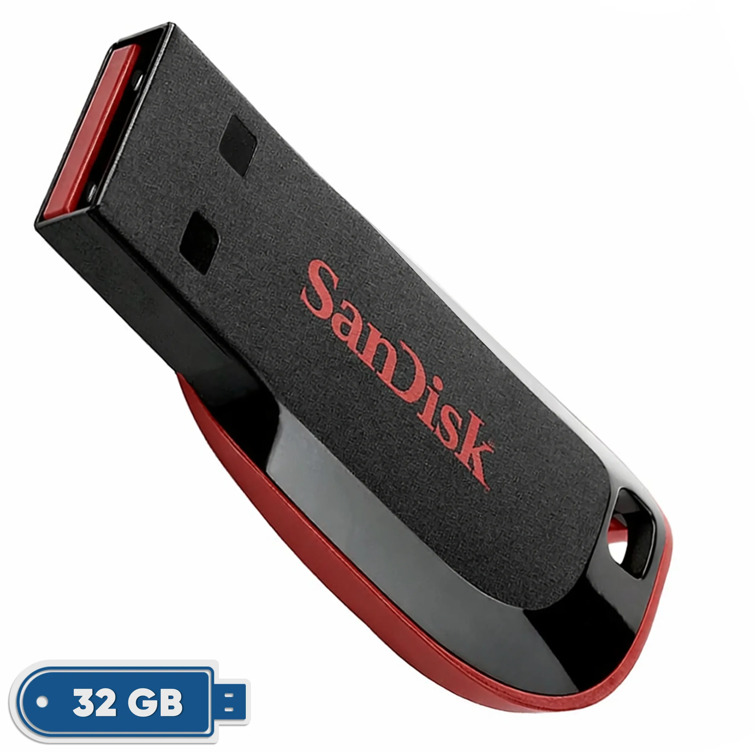 فلش مموری سن دیسک Cruzer Blade CZ50 ظرفیت 32 گیگابایت با رابط USB 2.0، سرعت انتقال 30 مگابایت بر ثانیه، طراحی بدون درپوش و بدنه مات مقاوم در برابر لک و اثر انگشت، دارای شیار اتصال بند و نرم‌افزار امنیتی