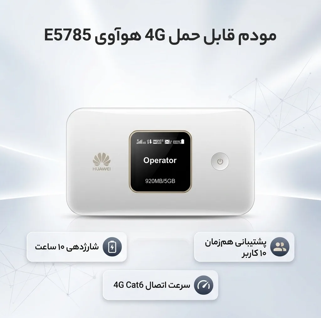مودم قابل حمل 4G هوآوی مدل E5785 با باتری 3000 میلیآمپر ساعت، شارژدهی 10 ساعت، پشتیبانی همزمان از 10 کاربر و سرعت اتصال 4G Cat6 تا 300 مگابیت بر ثانیه