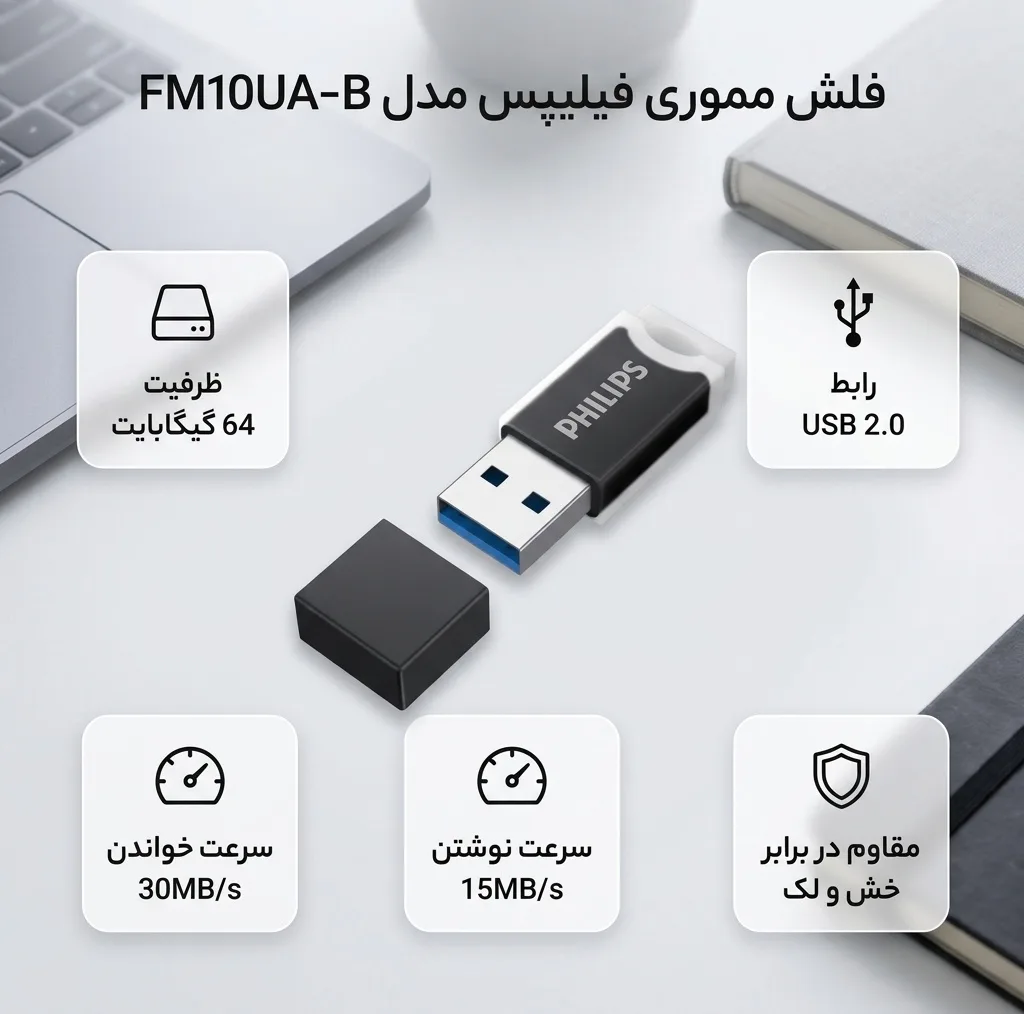 فلش مموری 64 گیگابایتی فیلیپس مدل FM10UA-B با رابط USB 2.0، سرعت خواندن 30 و نوشتن 15 مگابایت بر ثانیه، مقاوم در برابر خش، اثر انگشت و لک