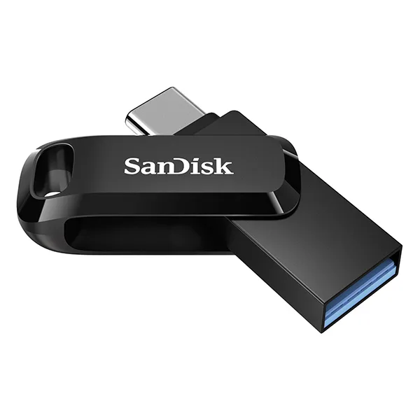 فلش مموری سن دیسک مدل Ultra Dual Drive Go ظرفیت 32 گیگابایت با دو رابط USB 3.2 و USB-C، سرعت خواندن 150 مگابایت بر ثانیه، بدنه فلزی، سازگار با گوشی، تبلت، کامپیوتر و مک