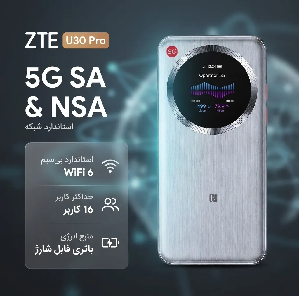 مودم روتر قابل حمل 5G زد‌تی‌ای مدل U30 Pro با پشتیبانی از Wi-Fi 6، اتصال هم‌زمان 16 کاربر و باتری قابل شارژ