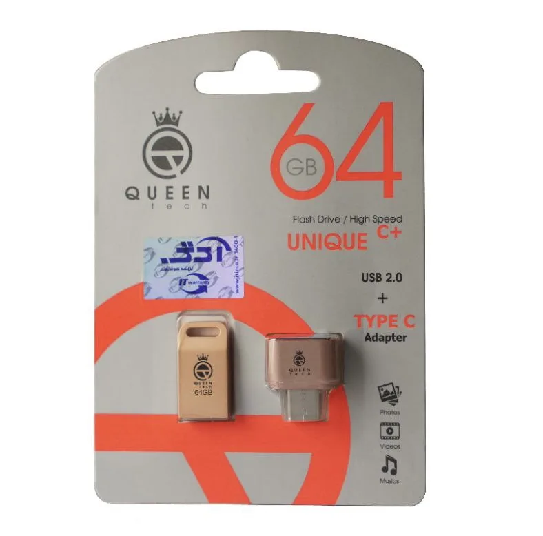 فلش مموری 64 گیگابایت کوئین تک مدل UNIQUE C-PLUS با بدنه فلزی و مبدل USB-C OTG