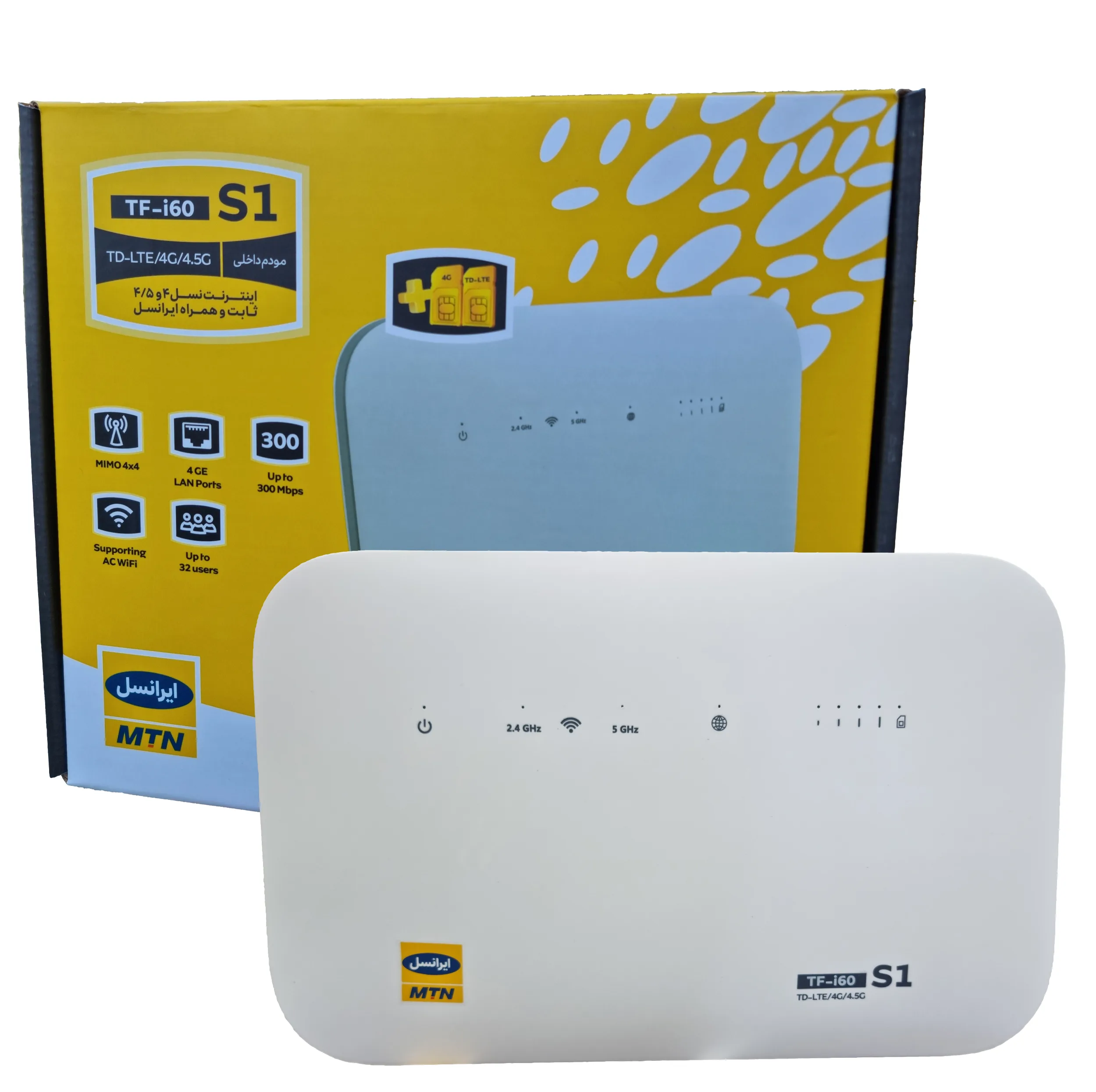 مودم 4G خانگی ایرانسل مدل TF-I60 S1 با آنتن داخلی MIMO 4x4، پشتیبانی از شبکه TD-LTE، اتصال بی‌سیم و باسیم، رابط RJ-45 LAN، همراه دو سیمکارت TD و FD و منبع تغذیه آداپتور برق 100 تا 240 ولت