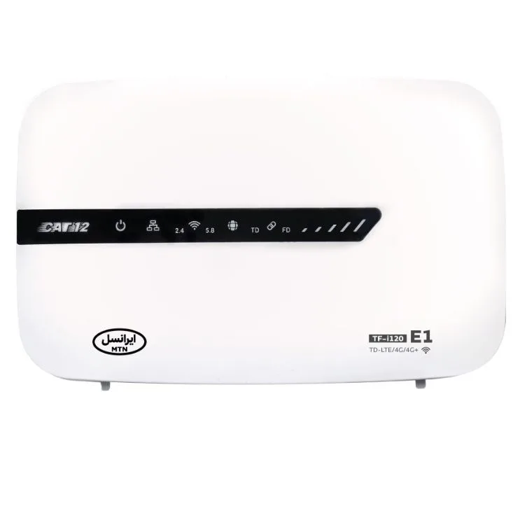مودم 4G ایرانسل مدل TF-i120 E1 با فناوری LTE Cat 12، سرعت دانلود 600 مگابیت بر ثانیه، آپلود 100 مگابیت بر ثانیه، وای‌فای دوبانده 2.4 و 5.8 گیگاهرتز، پشتیبانی همزمان 50 کاربر، چهار پورت اترنت، مناسب استفاده خانگی و اداری