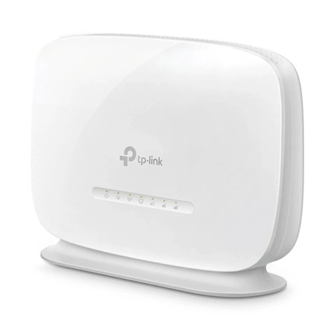 مودم 4G LTE تی‌پی‌لینک مدل TL-MR105 با اسلات سیم کارت نانو، پشتیبانی از 32 کاربر همزمان، رابط LAN و WAN، مناسب استفاده خانگی و اداری، سرعت دانلود تا 150 مگابیت بر ثانیه و منبع تغذیه برق شهری