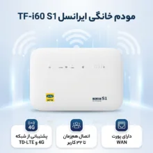 مودم خانگی ایرانسل TF-i60 S1 با پشتیبانی شبکه 4G و TD-LTE، اتصال هم‌زمان تا 32 کاربر، قابلیت ایجاد 4 شبکه بی‌سیم مستقل، پورت WAN و آنتن داخلی همراه با دو سیم‌کارت و بسته اینترنت 50 گیگابایت یک ماهه