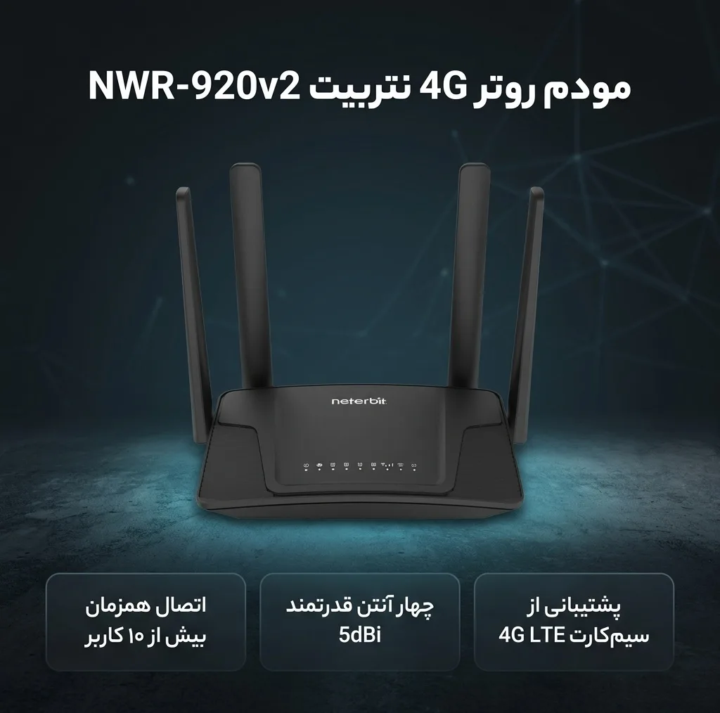 مودم روتر 4G خانگی نتربیت مدل NWR-M920v2 با پشتیبانی سیم‌کارت LTE/3G، استاندارد IEEE 802.11b/g/n، چهار آنتن 5 دسی‌بل، فایروال SPI و NAT، اتصال همزمان بیش از 10 کاربر