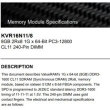 رم دسکتاپ DDR3 کینگستون مدل KVR16N11/8 ظرفیت 8 گیگابایت، فرکانس 1600 مگاهرتز، PC3-12800، تک‌کاناله از نوع DIMM