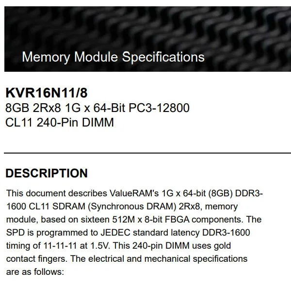 رم دسکتاپ DDR3 کینگستون مدل KVR16N11/8 ظرفیت 8 گیگابایت، فرکانس 1600 مگاهرتز، PC3-12800، تک‌کاناله از نوع DIMM