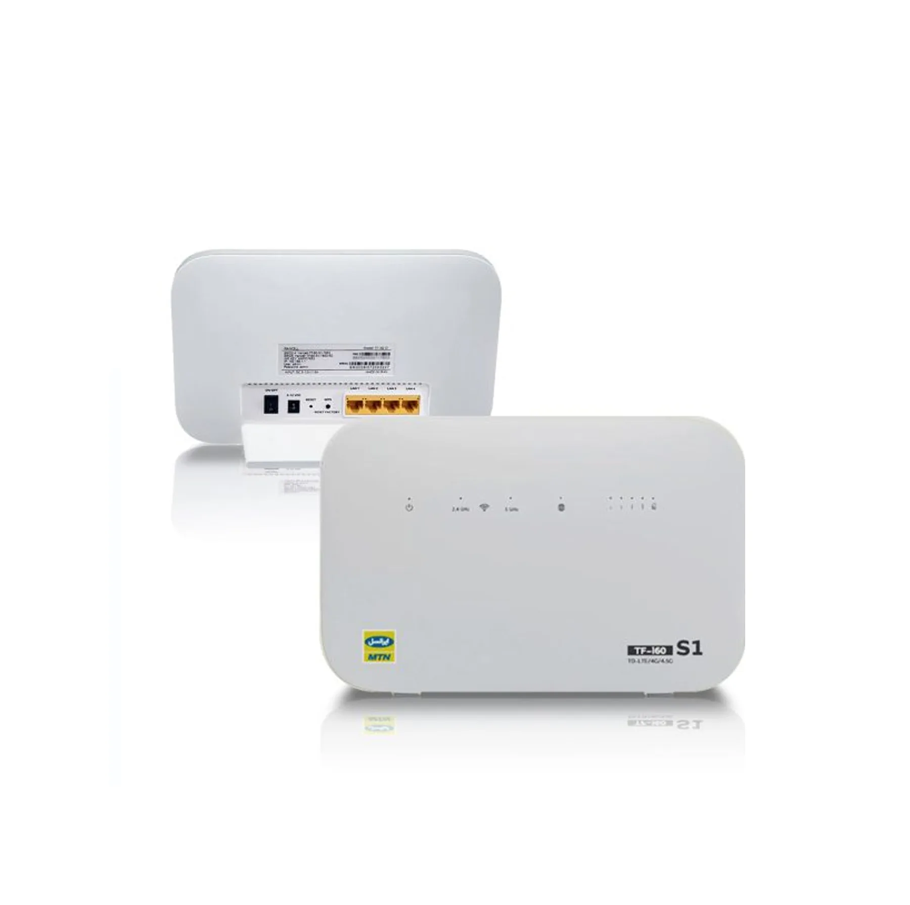 مودم 4G خانگی ایرانسل مدل TF-I60 S1 با آنتن داخلی MIMO 4x4، پشتیبانی از شبکه TD-LTE، اتصال بی‌سیم و باسیم، رابط RJ-45 LAN، همراه دو سیمکارت TD و FD و منبع تغذیه آداپتور برق 100 تا 240 ولت