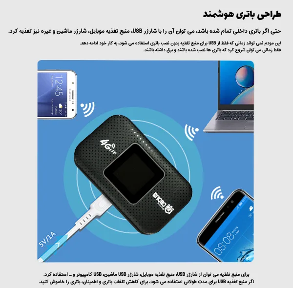 مودم 4G LTE قابل حمل اسفیورد مدل M750 با باتری 3000 میلیآمپرساعت، پشتیبانی از 10 کاربر همزمان، نمایشگر رنگی دیجیتال، اتصال بیسیم WIFI 802.11b/g/n و سرعت دانلود تا 150 مگابیت بر ثانیه