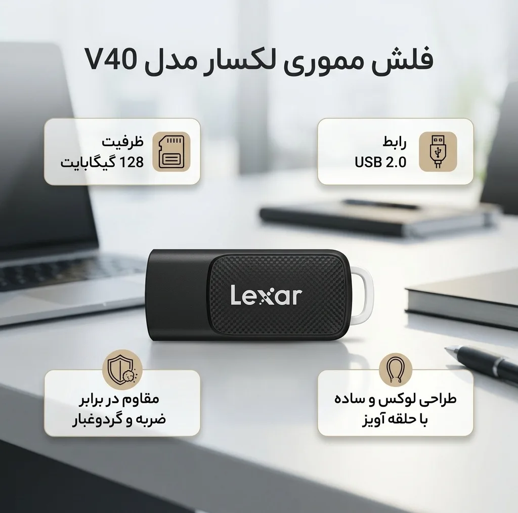 فلش مموری لکسار مدل V40 ظرفیت 128 گیگابایت با رابط USB 2.0، مقاوم در برابر ضربه و گرد و غبار