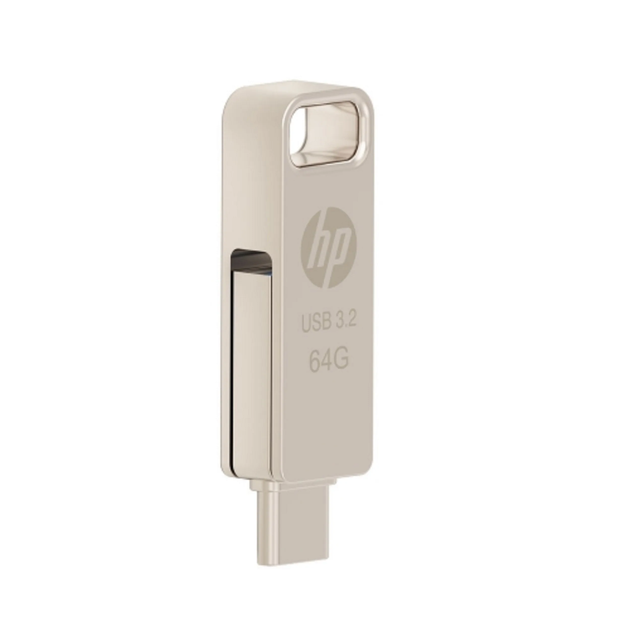 فلش مموری اچ‌پی مدل x206c ظرفیت 64 گیگابایت با طراحی چرخشی، بدنه فلزی، دو رابط USB Type-C و USB Type-A، سرعت انتقال تا 100 مگابایت بر ثانیه و سازگار با ویندوز و مک