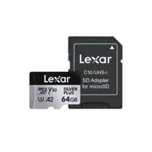 کارت حافظه microSDXC لکسار مدل SILVER PLUS کلاس A2 استاندارد UHS-U3 سرعت 205MBps ظرفیت 64 گیگابایت به همراه آداپتور SD