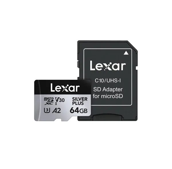 کارت حافظه microSDXC لکسار مدل SILVER PLUS کلاس A2 استاندارد UHS-U3 سرعت 205MBps ظرفیت 64 گیگابایت به همراه آداپتور SD