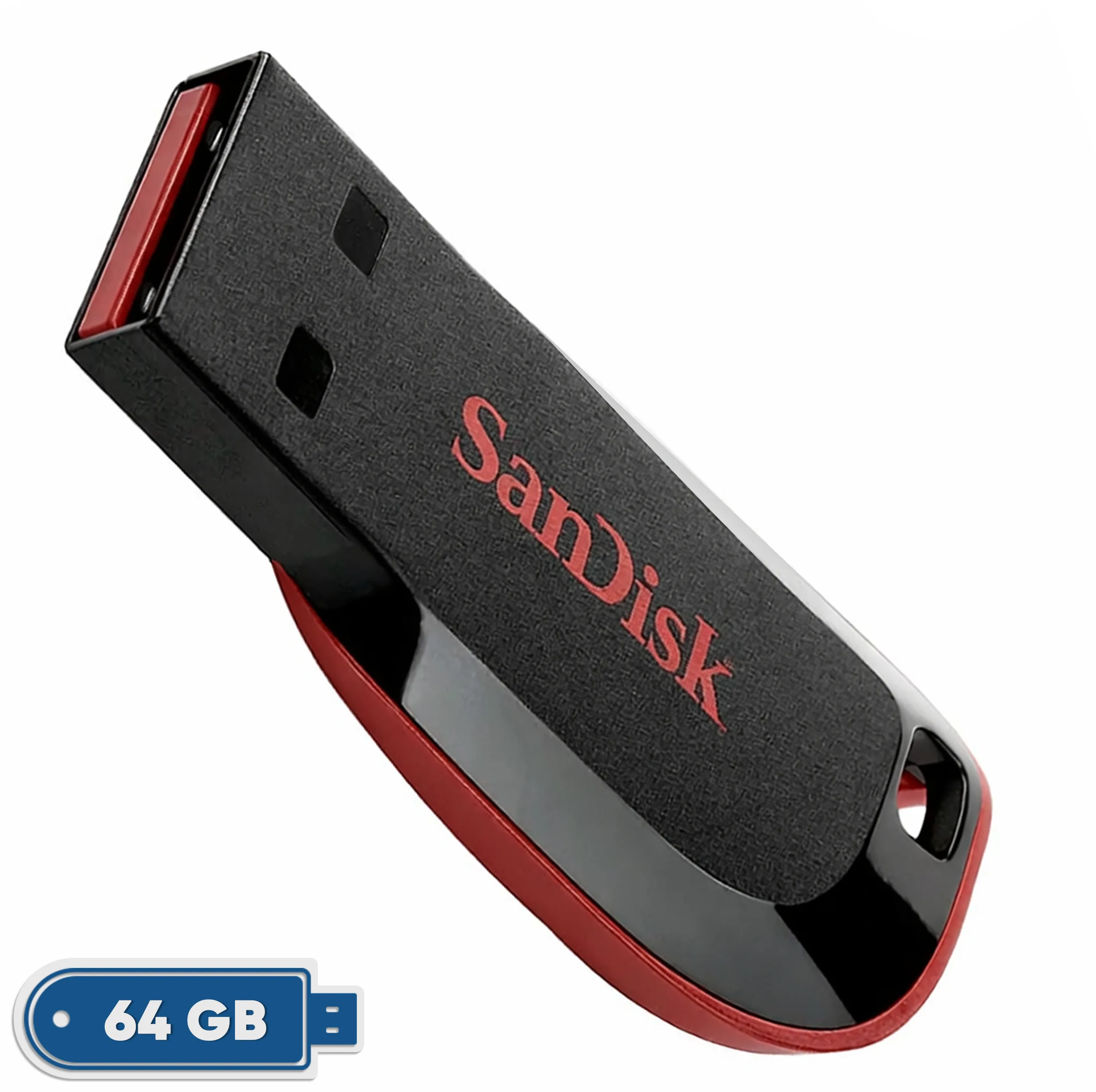 فلش مموری 64 گیگابایت سن دیسک مدل Cruzer Blade CZ50 با رابط USB 2.0، بدنه مات مقاوم در برابر اثر انگشت، قابلیت رمزگذاری نرمافزاری و شیار اتصال بند