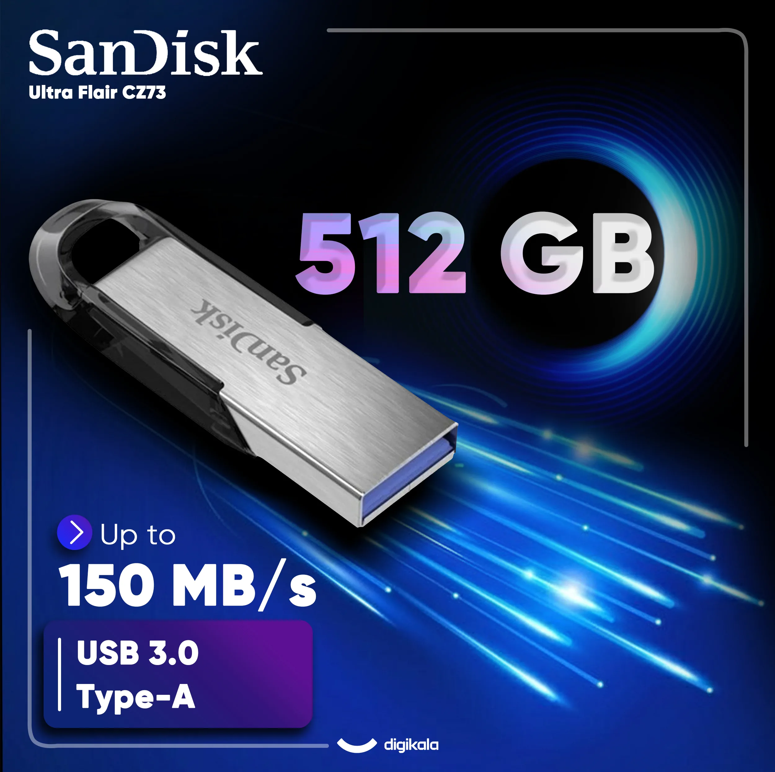فلش مموری سن دیسک مدل Ultra Flair CZ73 ظرفیت 512 گیگابایت با بدنه فلزی، رابط USB 3.0 و سرعت خواندن 150 مگابایت بر ثانیه، سازگار با ویندوز، مک، گوشی، تبلت و تلویزیون