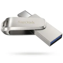 فلش مموری سن دیسک مدل Dual Drive Luxe ظرفیت 128 گیگابایت با طراحی چرخشی، دو رابط USB Type-C و USB Type-A، سرعت انتقال 150 مگابایت بر ثانیه، بدنه فلزی و سازگار با موبایل، تبلت، کامپیوتر و تلویزیون